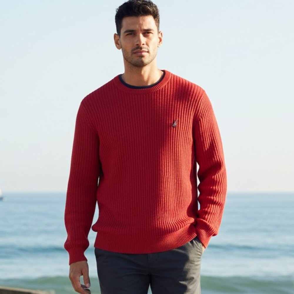 NAUTICA Men's EUC Cotton Crewneck Ribbed Sweater Red | Size L